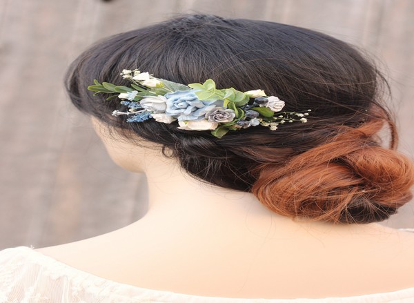 Blue flower hair comb Silver bridal floral hair piece navy flower comb 